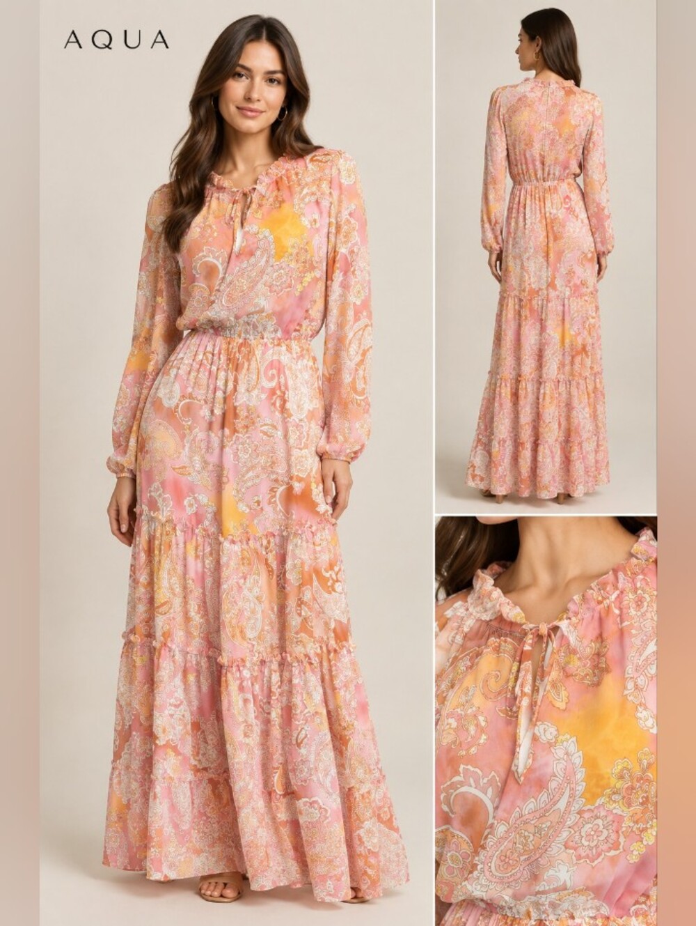 Aqua Pink and Peach Paisley Tiered Maxi Dress with Ruffle Neck